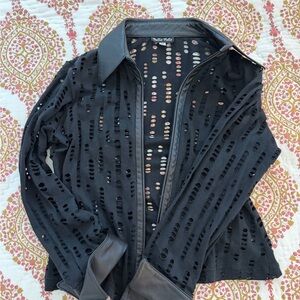 Bella Pelle Vintage Black Distressed Zip Cardigan with Leather Accents